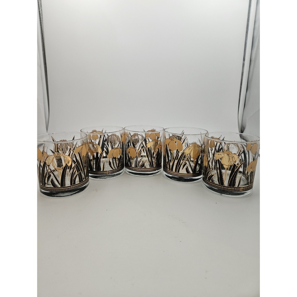 Vintage Culver Iris Cinnabar Lowball Glasses 22K Gold Iris Black Band. Set of 5
